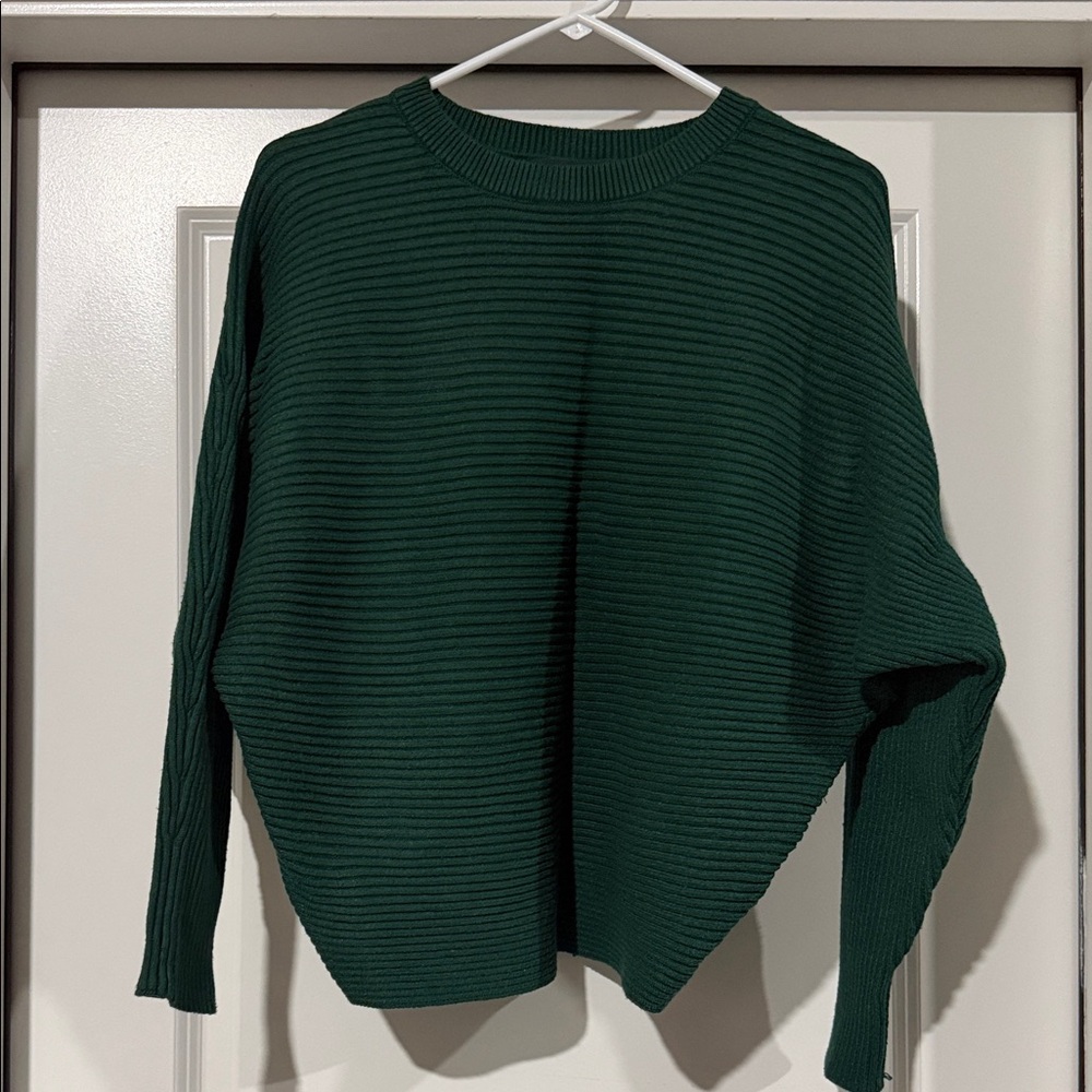 Women’s Oversized Batwing Long Sleeve Pullover Forest Green Ribbed Sweater